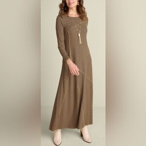 Soft Surroundings Ryley Maxi Dress Long Sleeve Ribbed Knit XL Brown Black Stripe